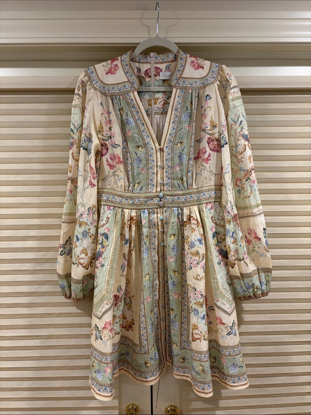 Zimmermann Floral Embroidered Cream and Sage Puff-Sleeve Mini Dress